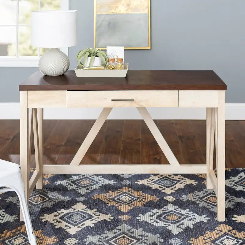 Two-Tone A-Frame Writing Desk with Center Drawer for Home Office