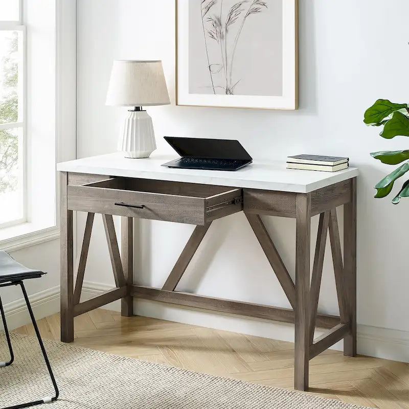 Tweekleurig A-frame-bureau met middelste lade voor thuiskantoor
