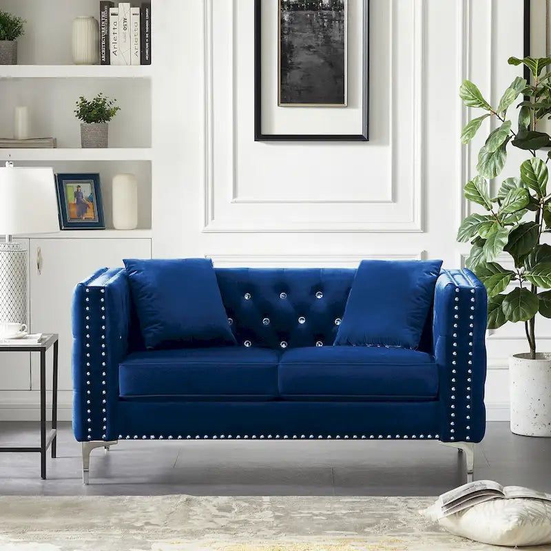 Square Arm Tufted Velvet Loveseat with Jeweled Buttons and Pillows