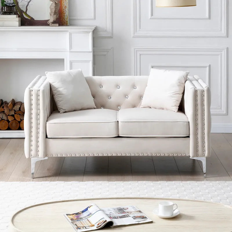Square Arm Tufted Velvet Loveseat with Jeweled Buttons and Pillows