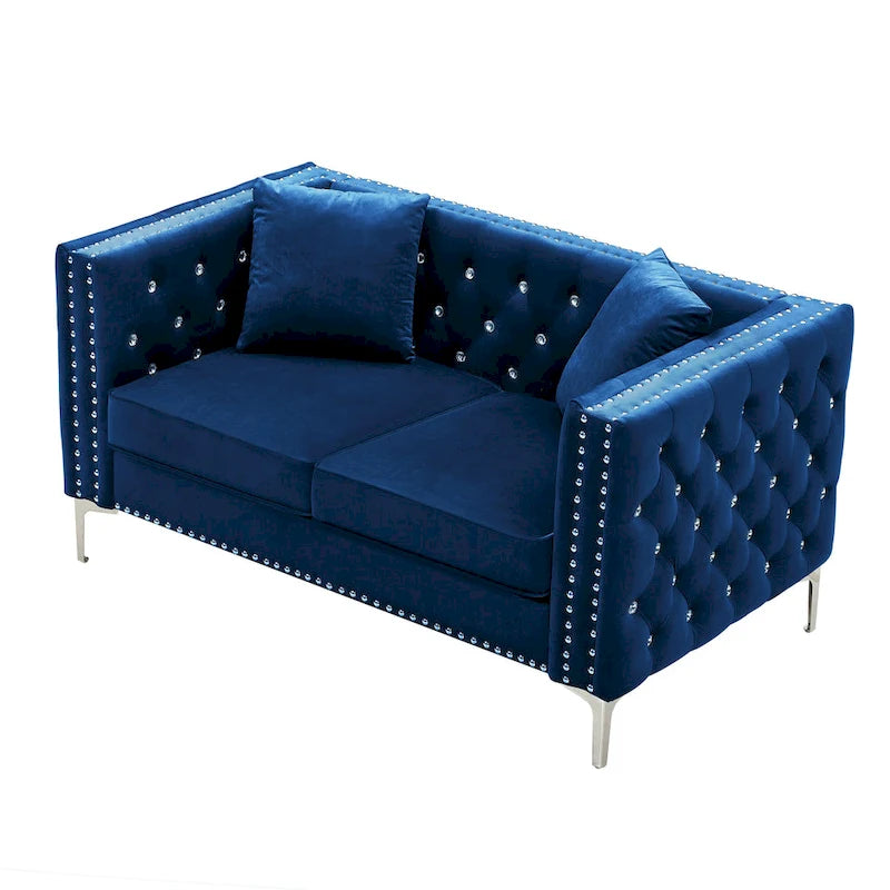 Square Arm Tufted Velvet Loveseat with Jeweled Buttons and Pillows