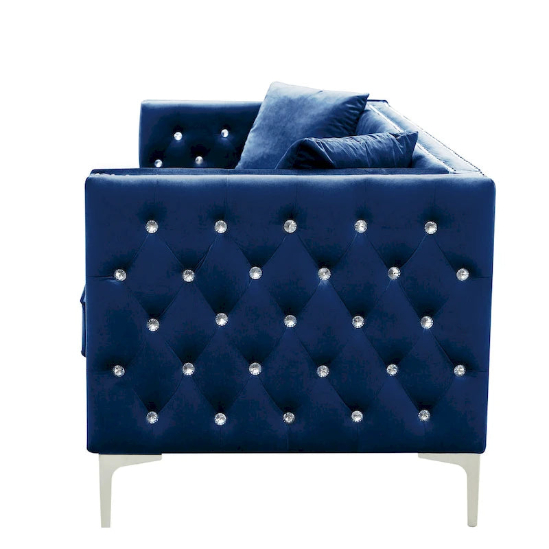 Square Arm Tufted Velvet Loveseat with Jeweled Buttons and Pillows