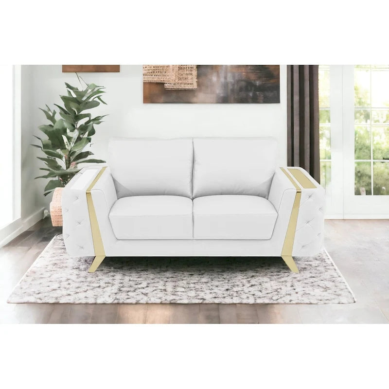 White Genuine Leather Loveseat with Gold Accents and Square Arms