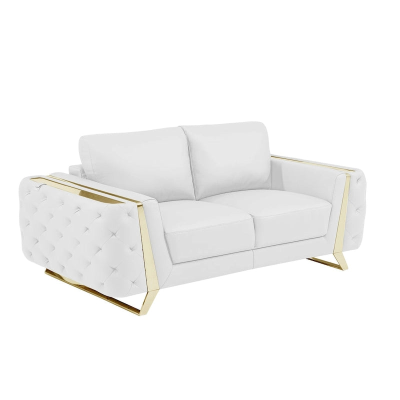 White Genuine Leather Loveseat with Gold Accents and Square Arms