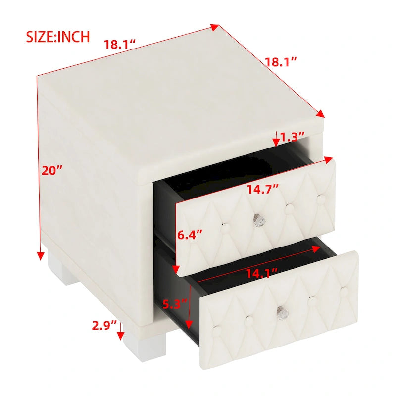 Elegant Velvet Nightstand, Bedside Storage Cabinet with Button-Tufted, Side Table with 2 Drawers with Crystal Handles