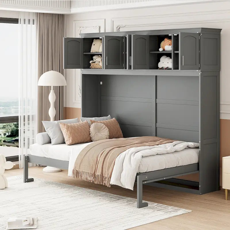 Gray Paneled Murphy Bed with Integrated Overhead Storage and Shelves