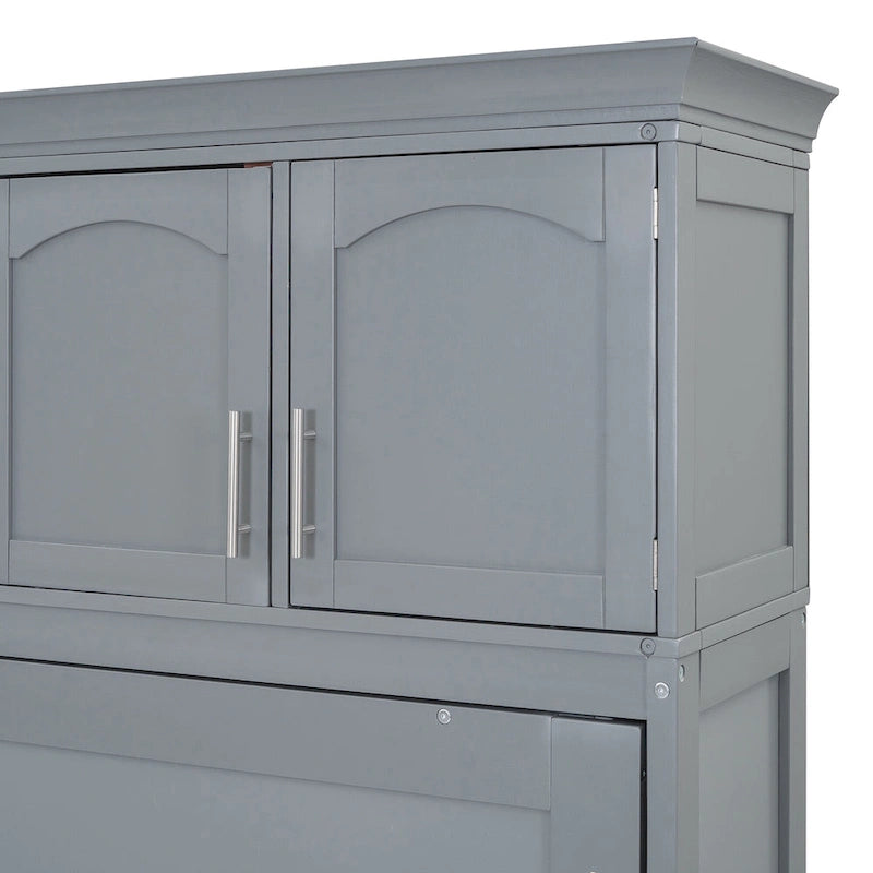 Gray Paneled Murphy Bed with Integrated Overhead Storage and Shelves