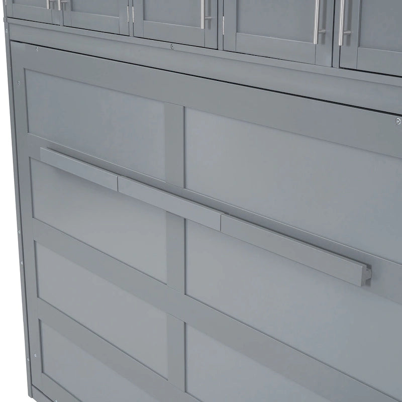 Gray Paneled Murphy Bed with Integrated Overhead Storage and Shelves