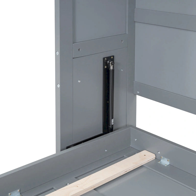 Gray Paneled Murphy Bed with Integrated Overhead Storage and Shelves