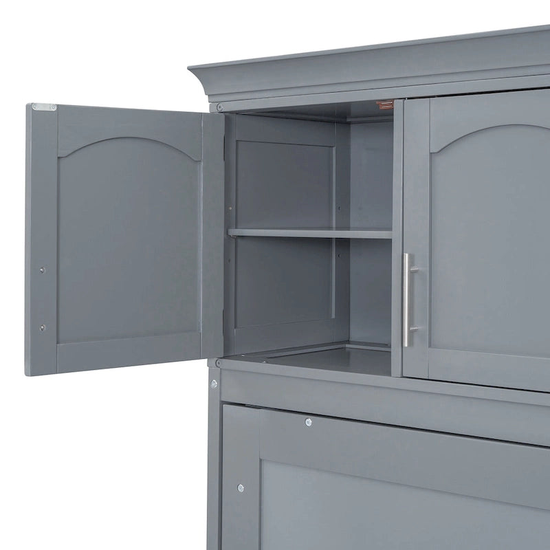 Gray Paneled Murphy Bed with Integrated Overhead Storage and Shelves