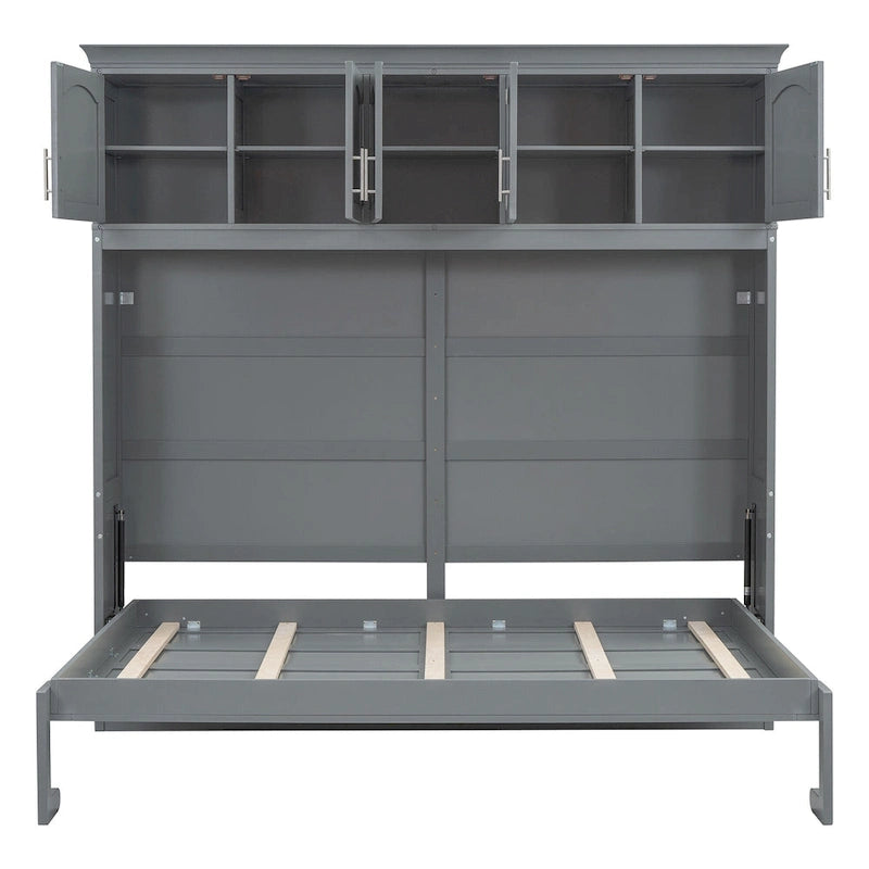 Gray Paneled Murphy Bed with Integrated Overhead Storage and Shelves