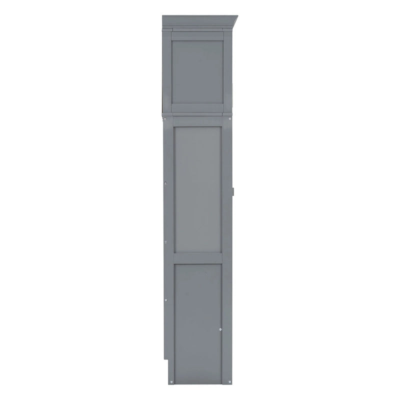 Gray Paneled Murphy Bed with Integrated Overhead Storage and Shelves
