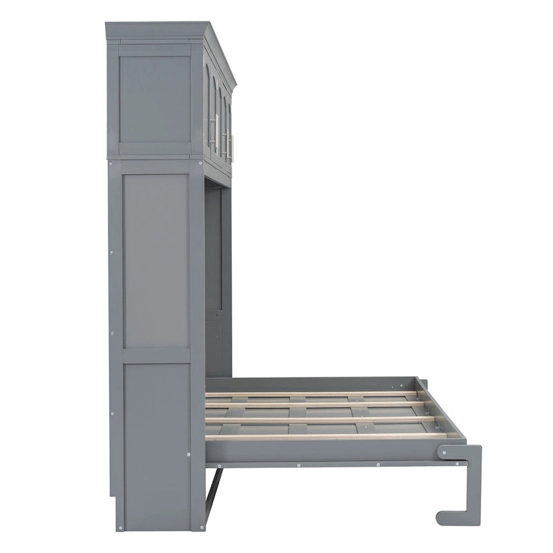Gray Paneled Murphy Bed with Integrated Overhead Storage and Shelves