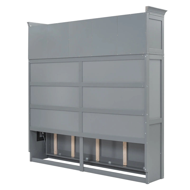 Gray Paneled Murphy Bed with Integrated Overhead Storage and Shelves