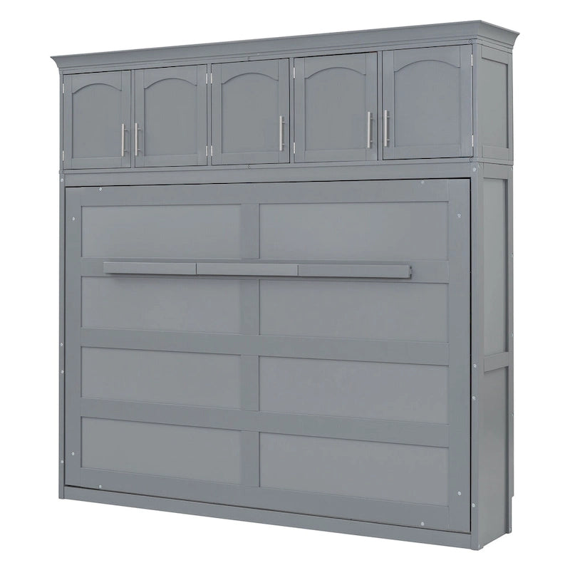 Gray Paneled Murphy Bed with Integrated Overhead Storage and Shelves