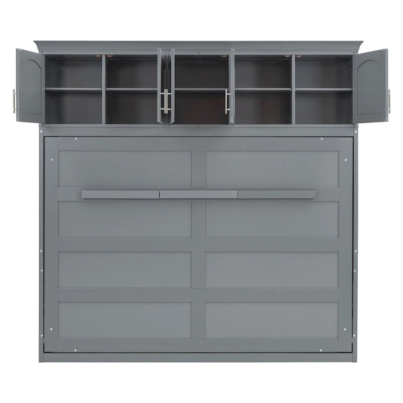 Gray Paneled Murphy Bed with Integrated Overhead Storage and Shelves