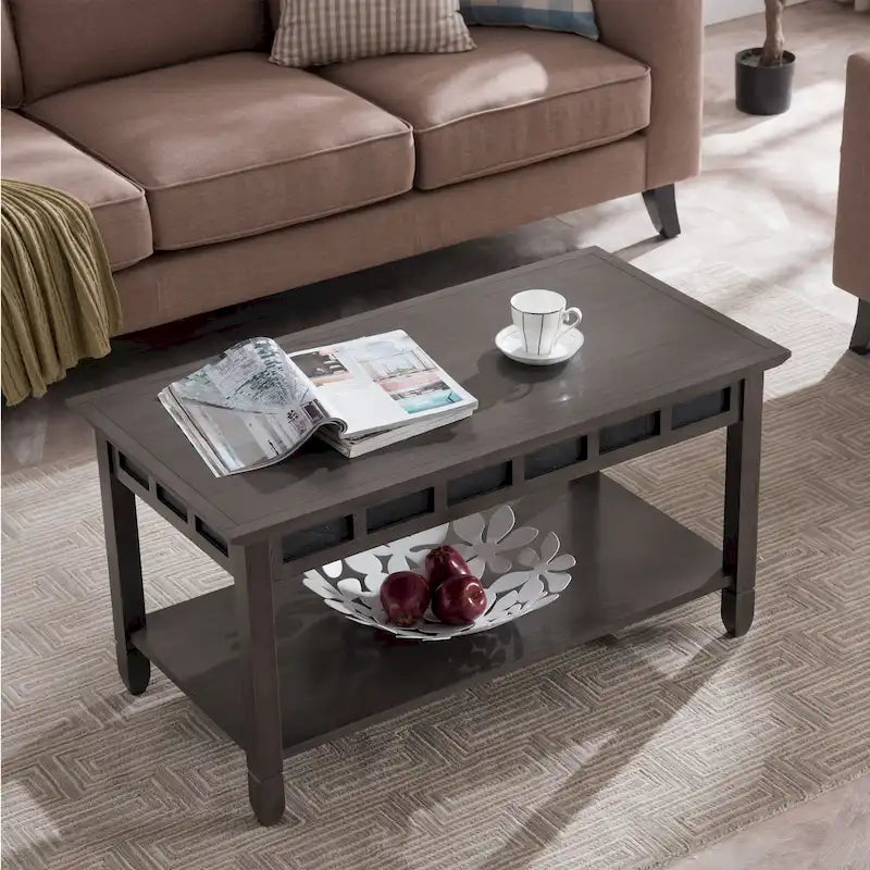 Rustic Wood Coffee Table with Slate Accents and Open Shelf