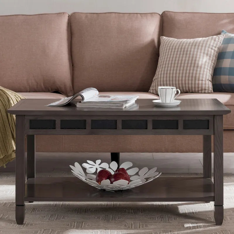 Rustic Wood Coffee Table with Slate Accents and Open Shelf