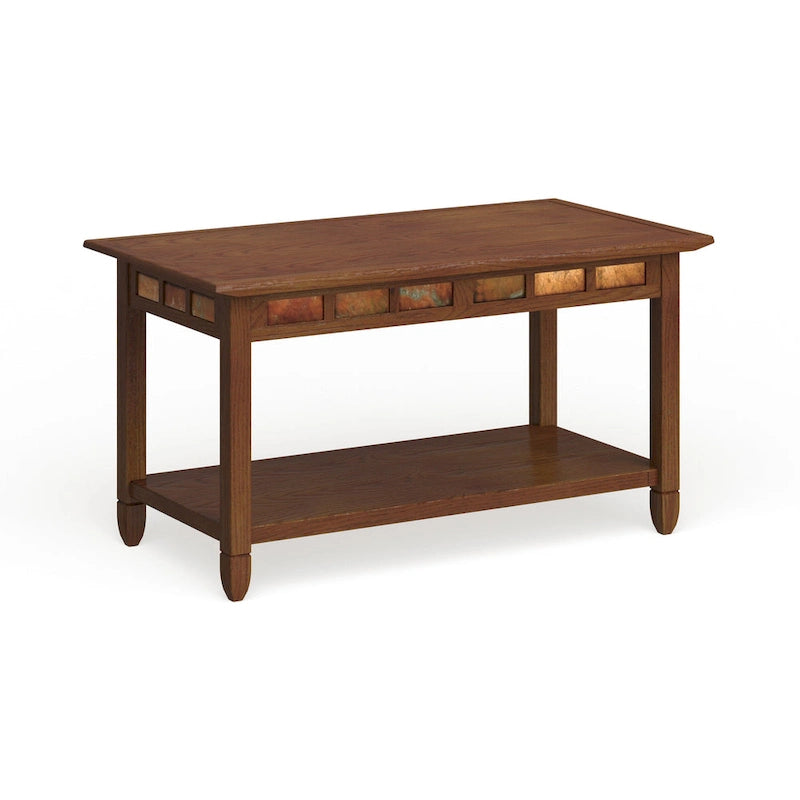 Rustic Wood Coffee Table with Slate Accents and Open Shelf
