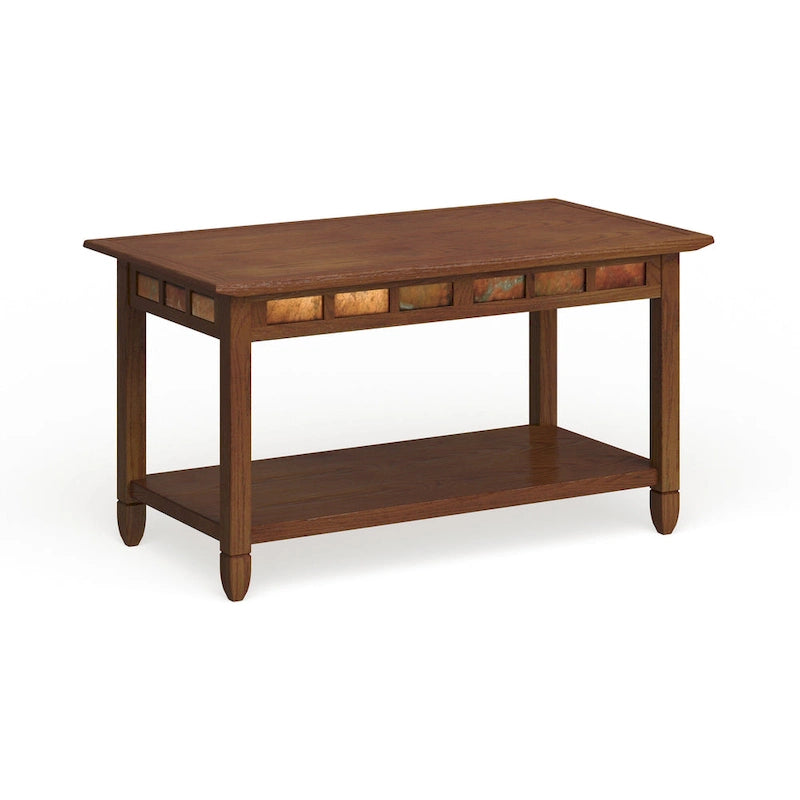 Rustic Wood Coffee Table with Slate Accents and Open Shelf