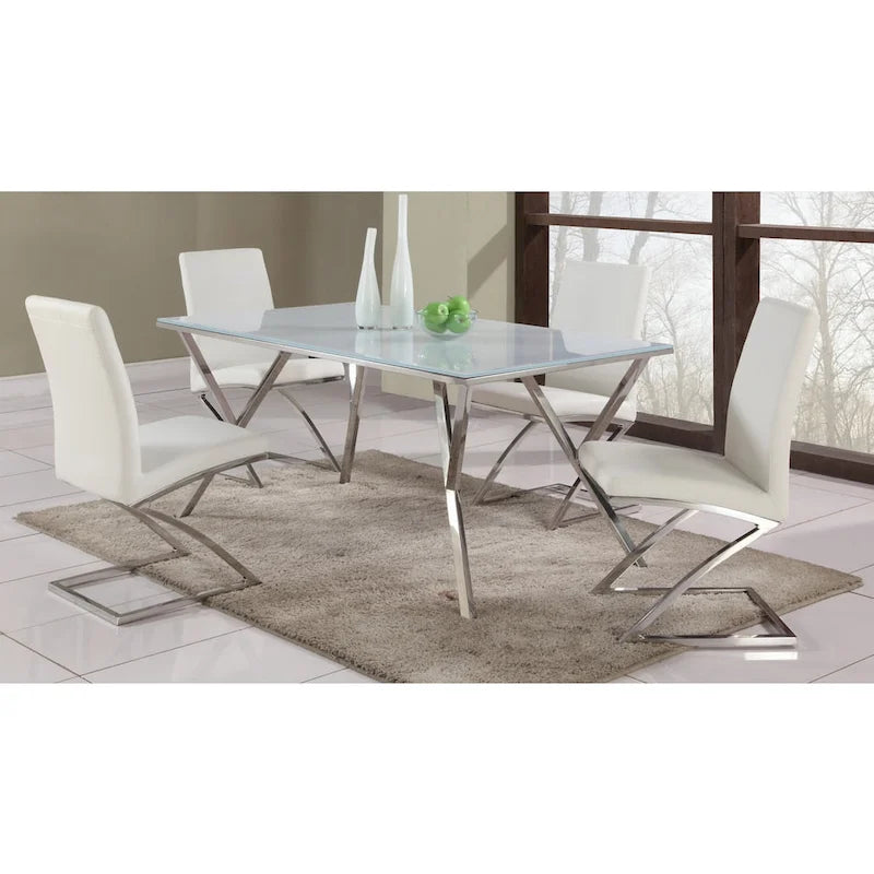 Modern White Glass Dining Table with Polished Stainless Steel Legs