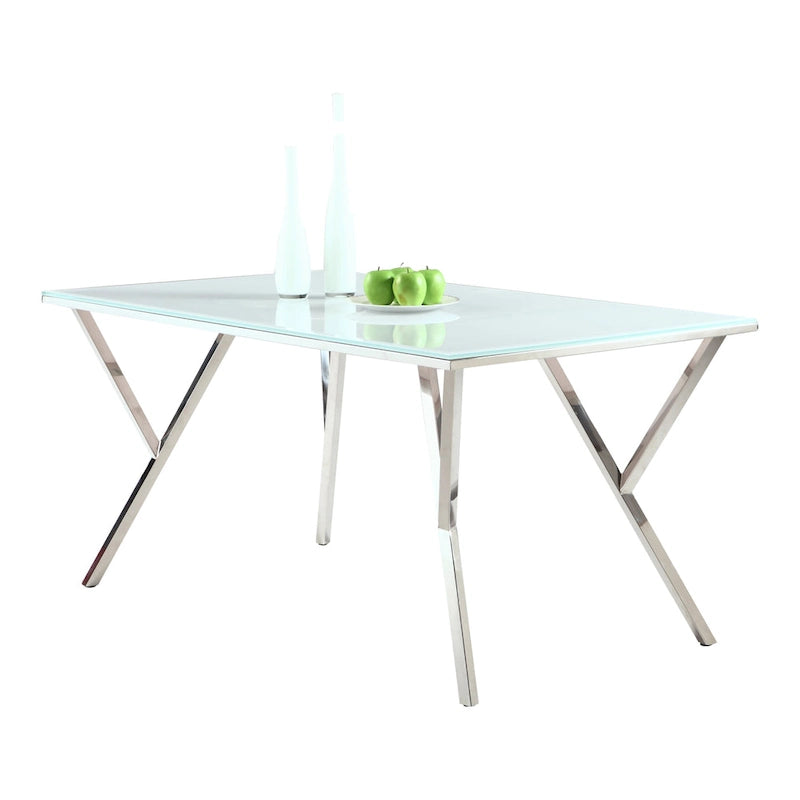 Modern White Glass Dining Table with Polished Stainless Steel Legs