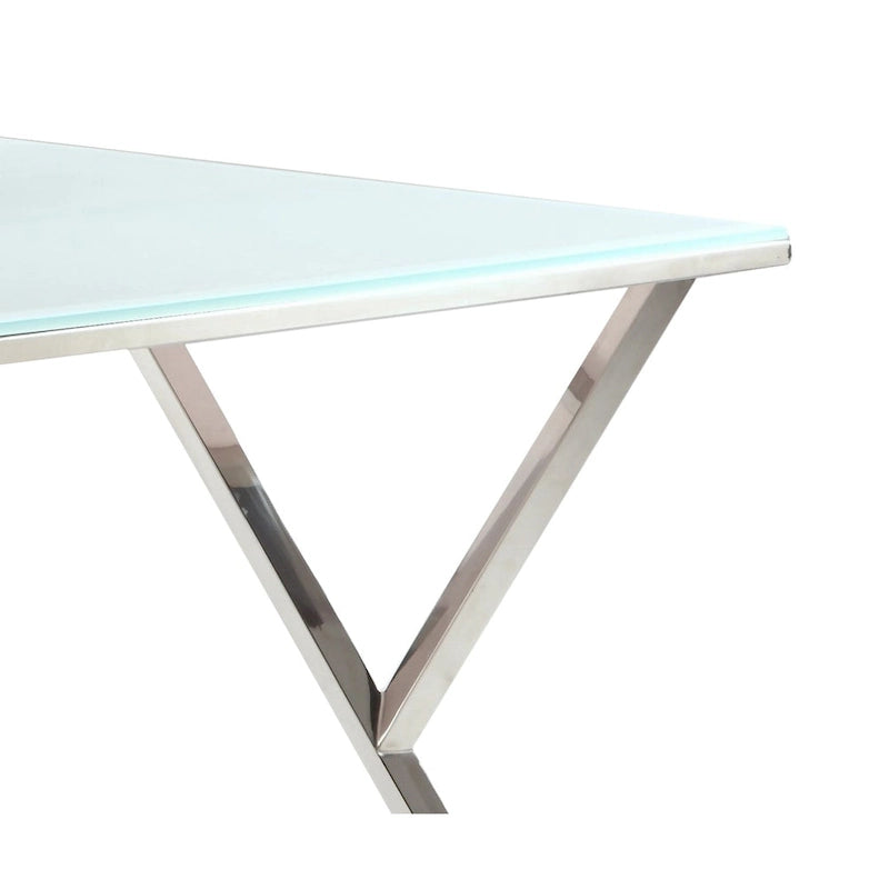 Modern White Glass Dining Table with Polished Stainless Steel Legs