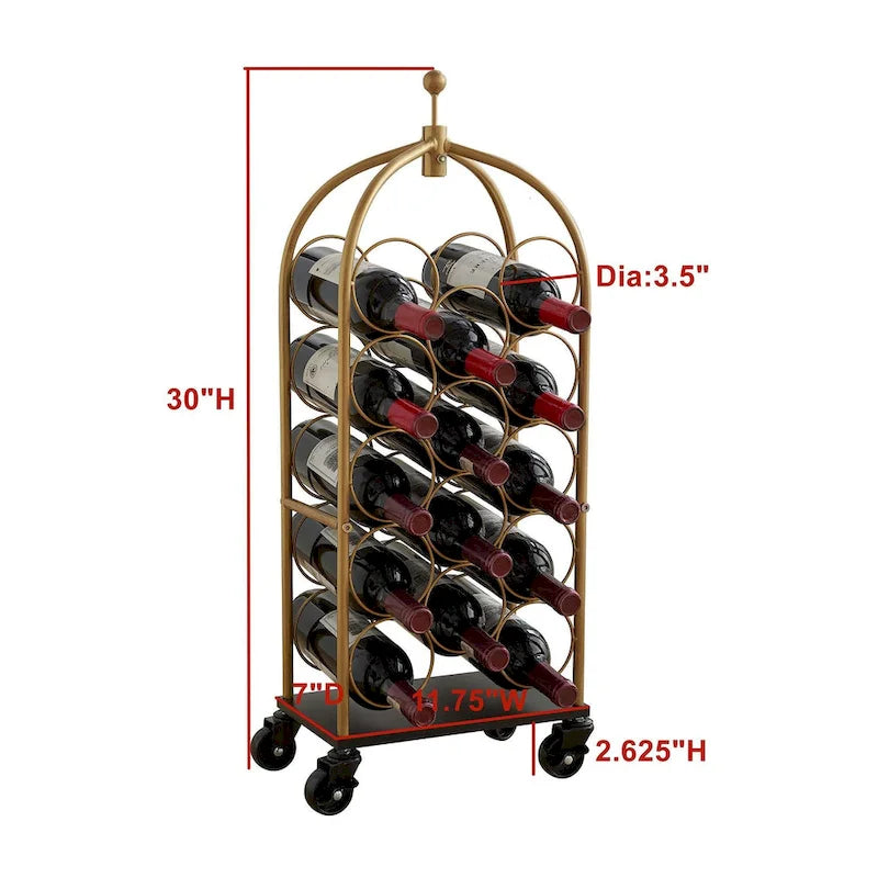 Gold Metal Freestanding Wine Rack with Domed Top and Casters