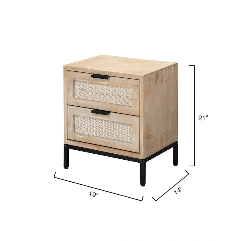 Natural Wash Wood Rattan Two Drawer Side Table Black Base