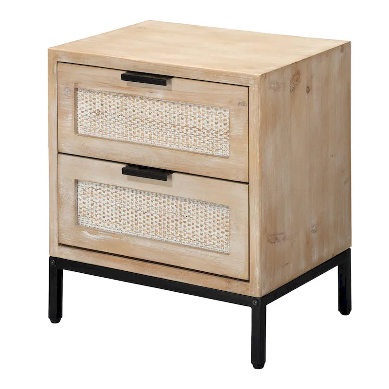 Natural Wash Wood Rattan Two Drawer Side Table Black Base
