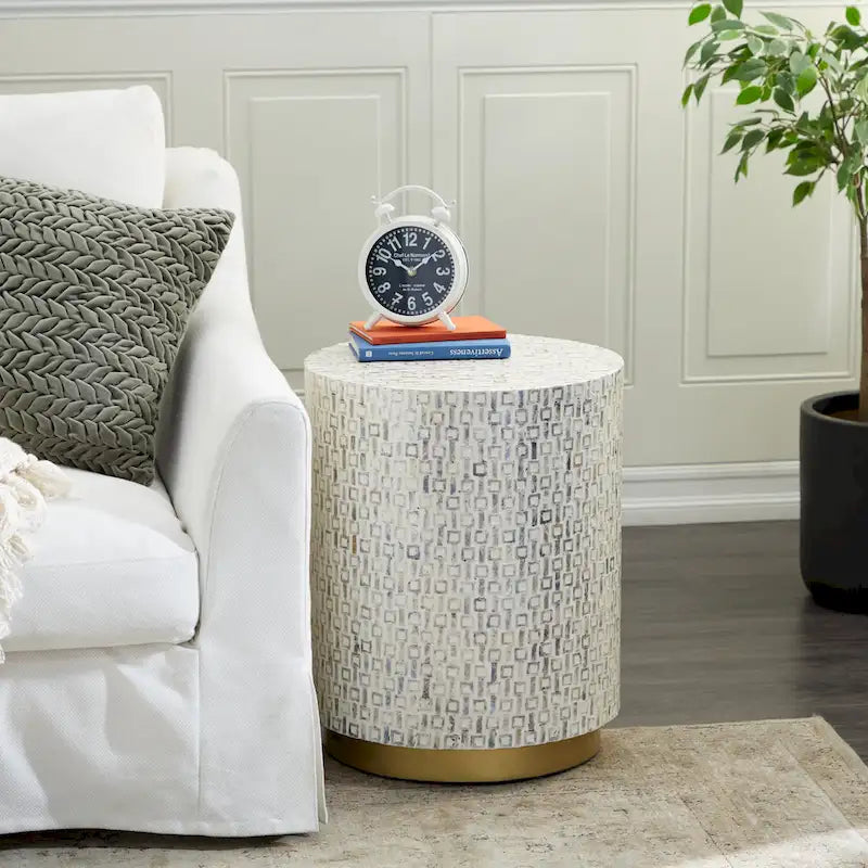 Modern Round Mother of Pearl Accent Table with Gold Base