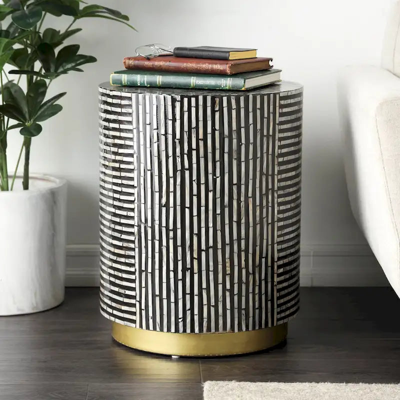 Modern Round Mother of Pearl Accent Table with Gold Base