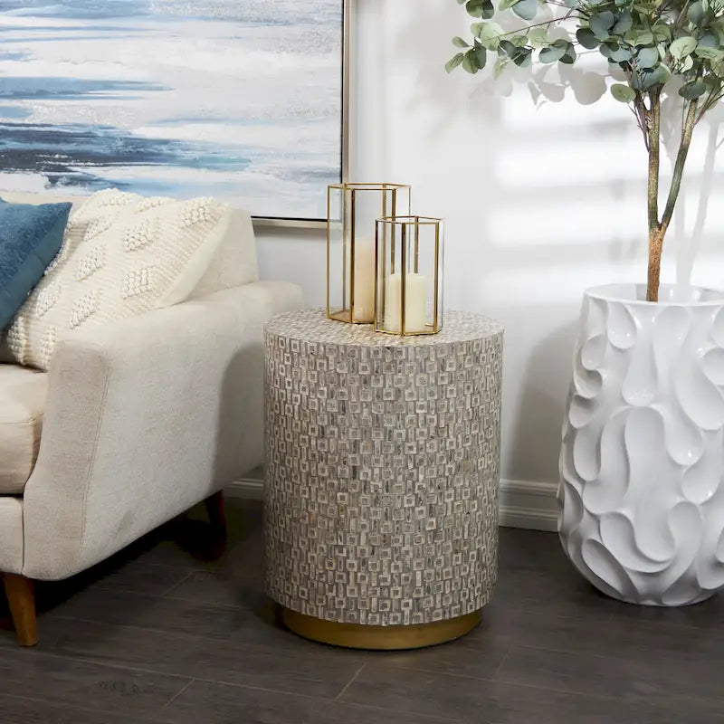 Modern Round Mother of Pearl Accent Table with Gold Base
