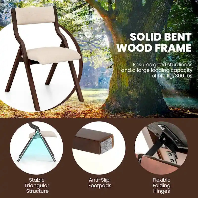 Modern Wooden Folding Dining Chair with Padded Linen Upholstered Seat
