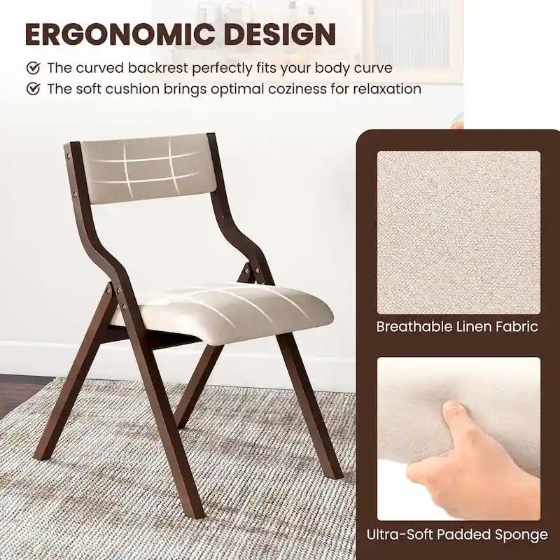 Modern Wooden Folding Dining Chair with Padded Linen Upholstered Seat
