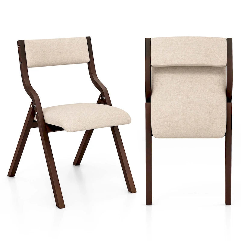 Modern Wooden Folding Dining Chair with Padded Linen Upholstered Seat