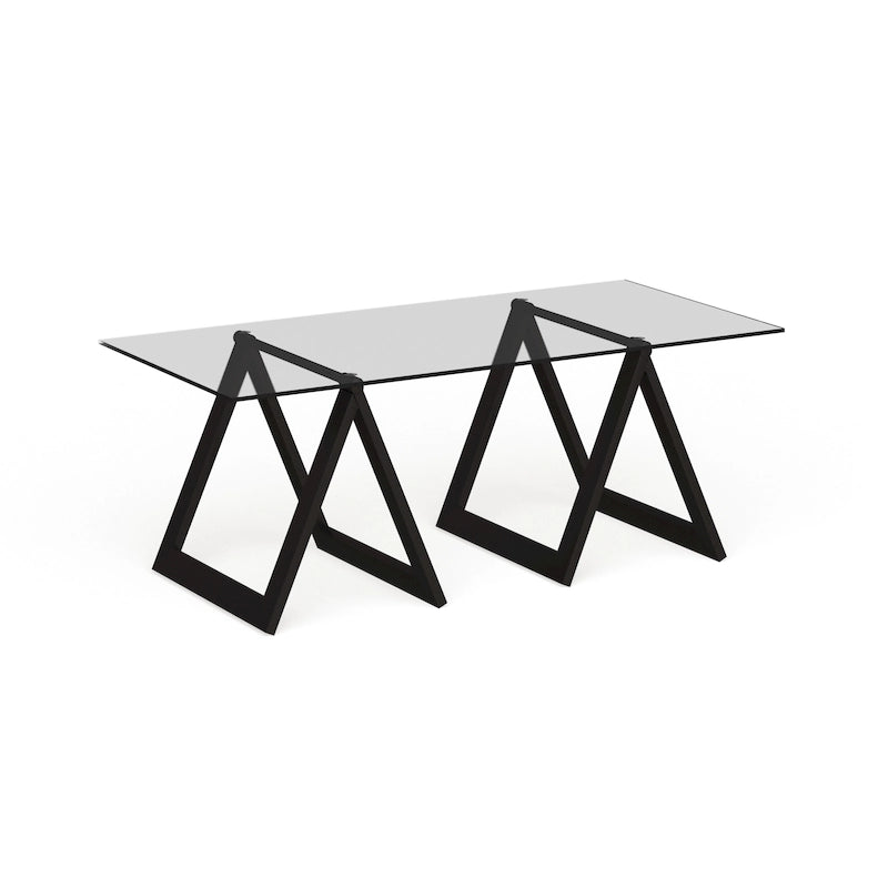 Modern Rectangular Tempered Glass Coffee Table with Sawhorse Steel Legs