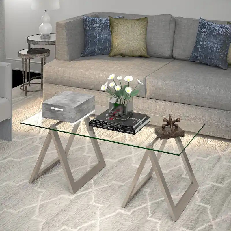 Modern Rectangular Tempered Glass Coffee Table with Sawhorse Steel Legs