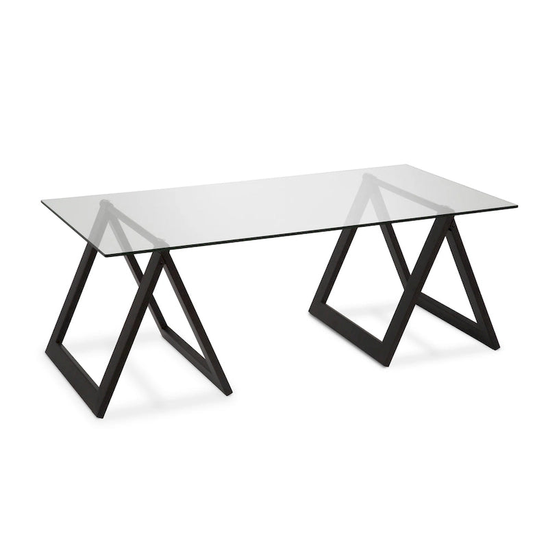 Moderne rechthoekige salontafel van gehard glas met stalen schragenpoten