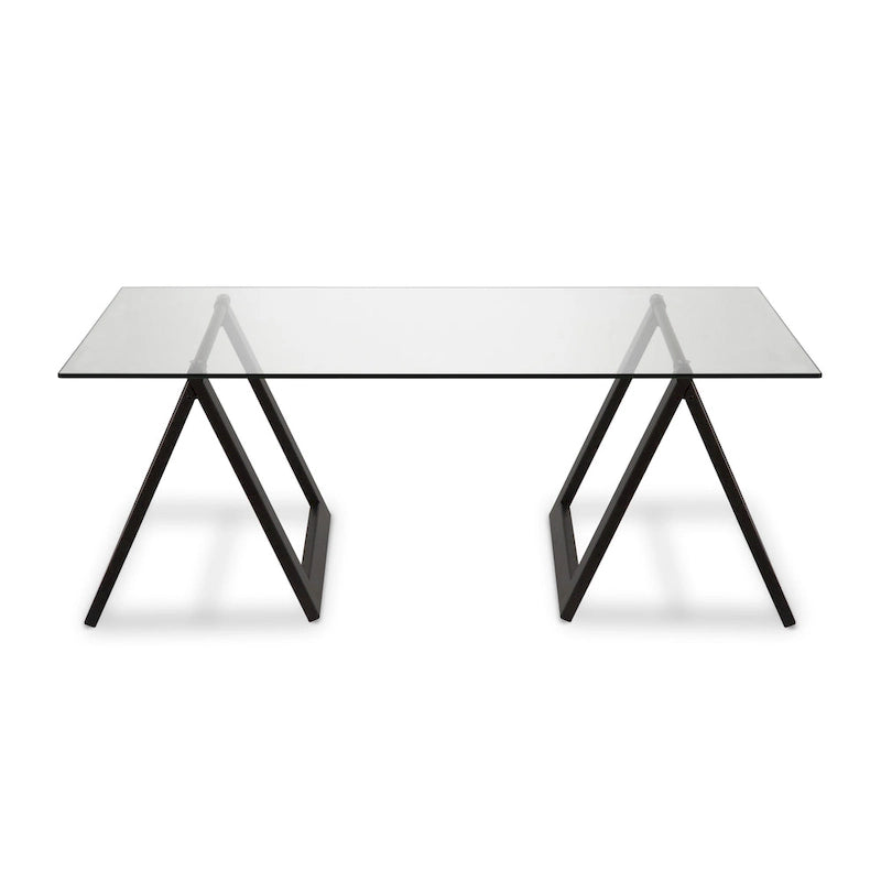 Moderne rechthoekige salontafel van gehard glas met stalen schragenpoten