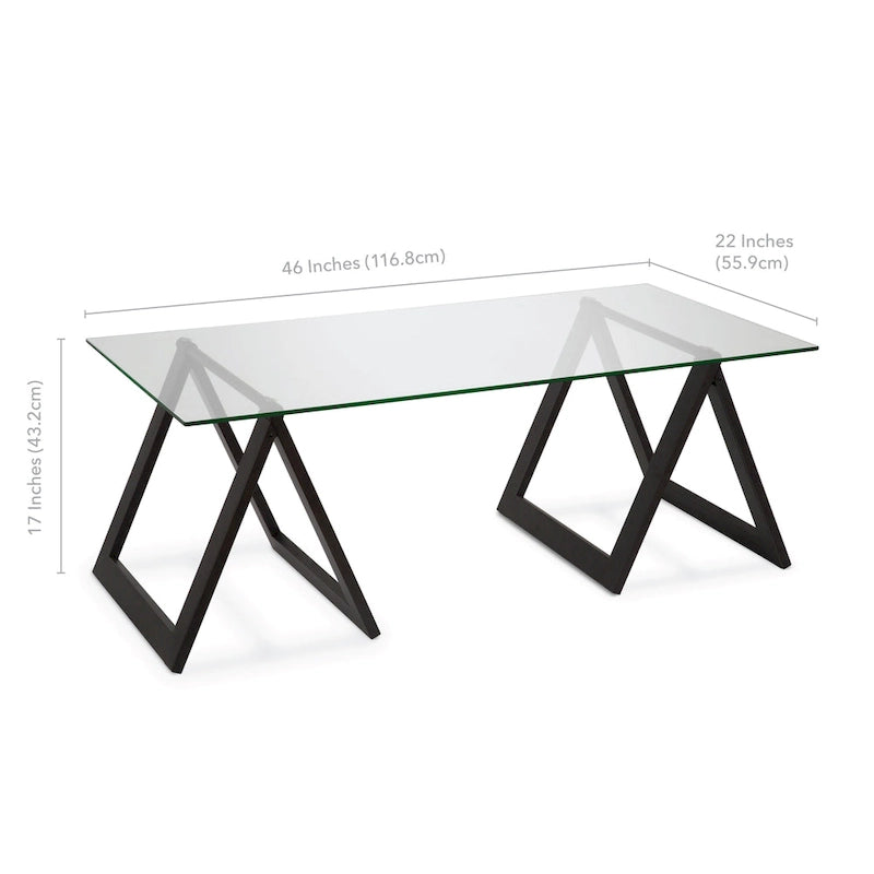 Moderne rechthoekige salontafel van gehard glas met stalen schragenpoten