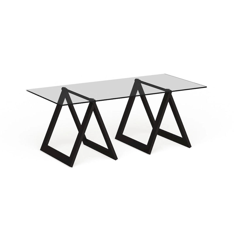 Moderne rechthoekige salontafel van gehard glas met stalen schragenpoten