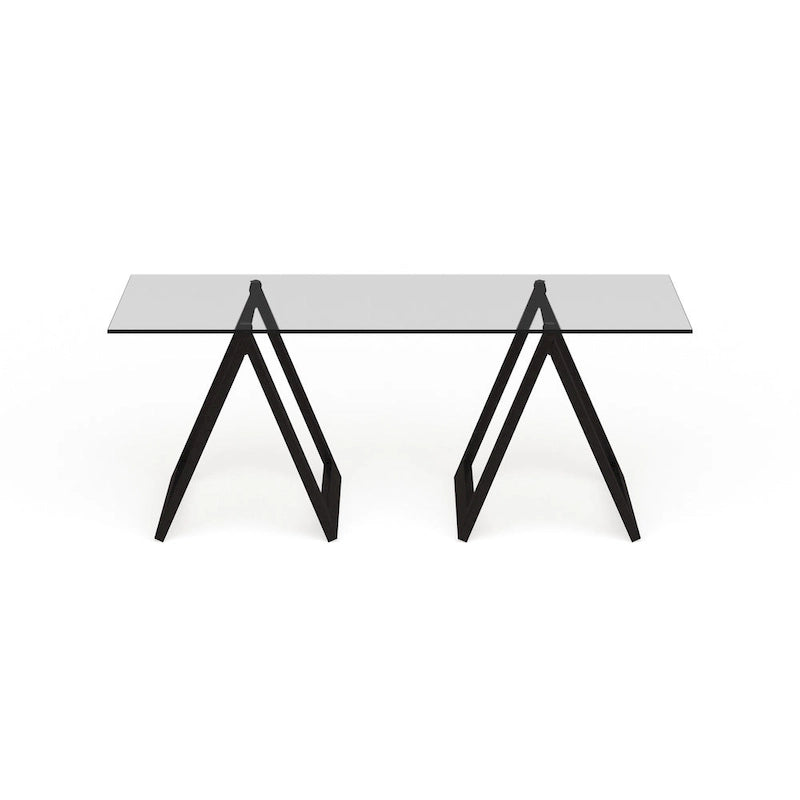 Moderne rechthoekige salontafel van gehard glas met stalen schragenpoten