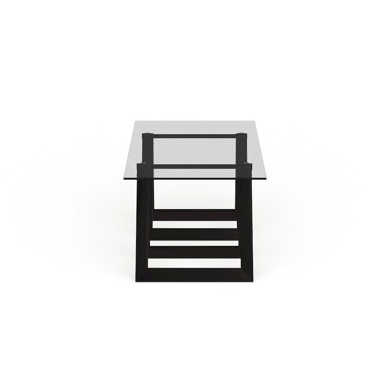 Moderne rechthoekige salontafel van gehard glas met stalen schragenpoten