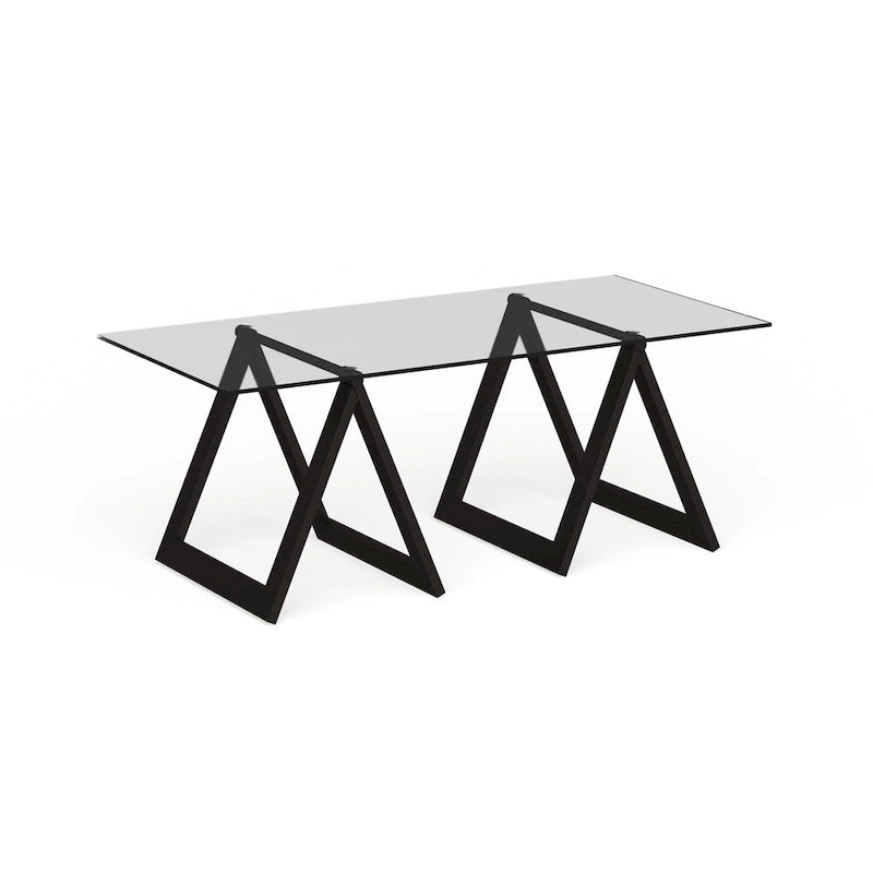 Moderne rechthoekige salontafel van gehard glas met stalen schragenpoten