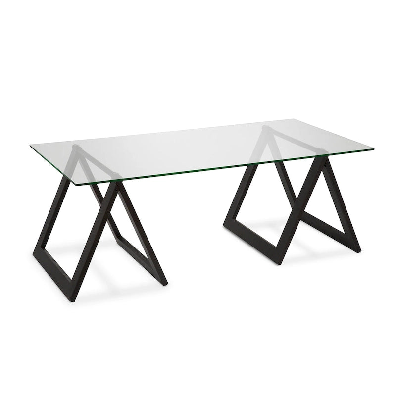 Moderne rechthoekige salontafel van gehard glas met stalen schragenpoten