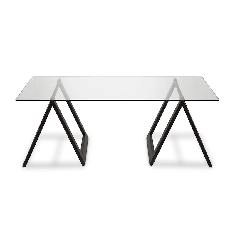 Moderne rechthoekige salontafel van gehard glas met stalen schragenpoten