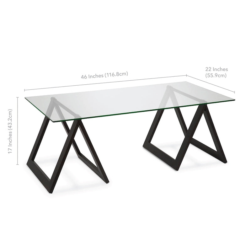 Moderne rechthoekige salontafel van gehard glas met stalen schragenpoten