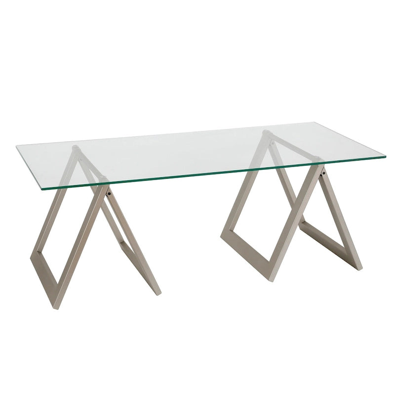 Moderne rechthoekige salontafel van gehard glas met stalen schragenpoten