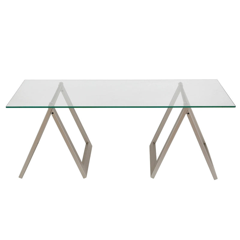 Moderne rechthoekige salontafel van gehard glas met stalen schragenpoten